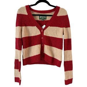 NWT American Eagle Red Beige Striped Button Front Cropped V Neck Cardigan Small